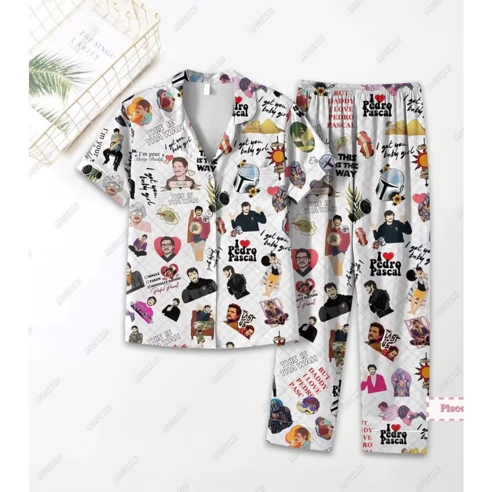 Pedro Pascal Collage Pajama Set White Button Down Shirt and Pants Size L